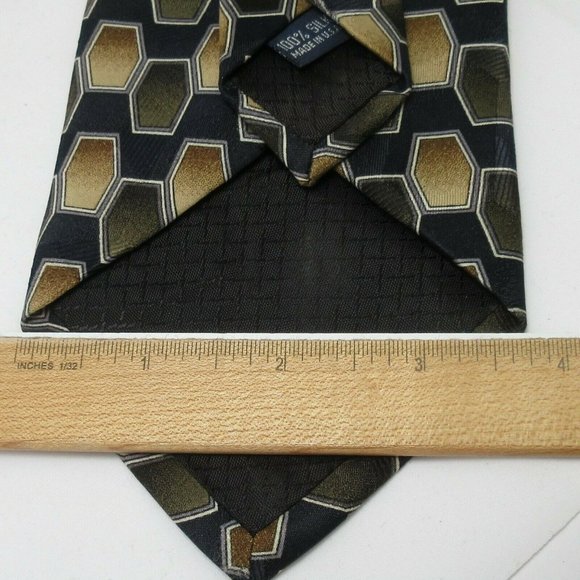 Honeycomb Hexagons Silk Tie Towne Square Navy Blue w/ Green & Brown 57.5"x3.75" - Picture 4 of 4